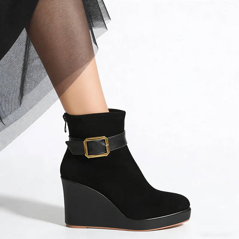 

2026 Весенне-осенняя обувь, женские ботинки на высоком каблуке, модные женские ботильоны на танкетке с острым носком, 10 см, большие размеры 42 D782