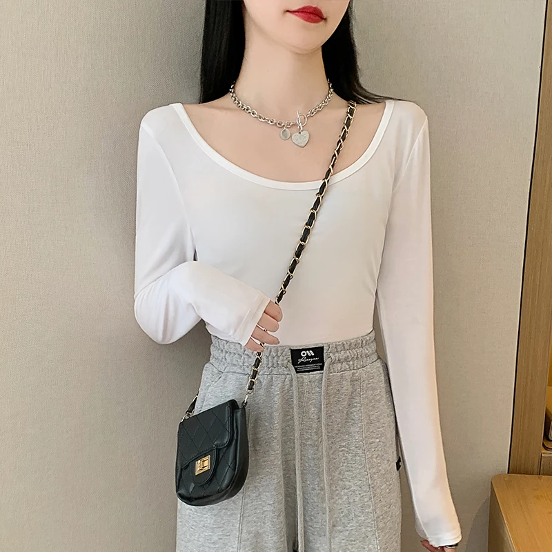 Solid Color Crew Neck Long Sleeve Tee for Women - Office & Street Style