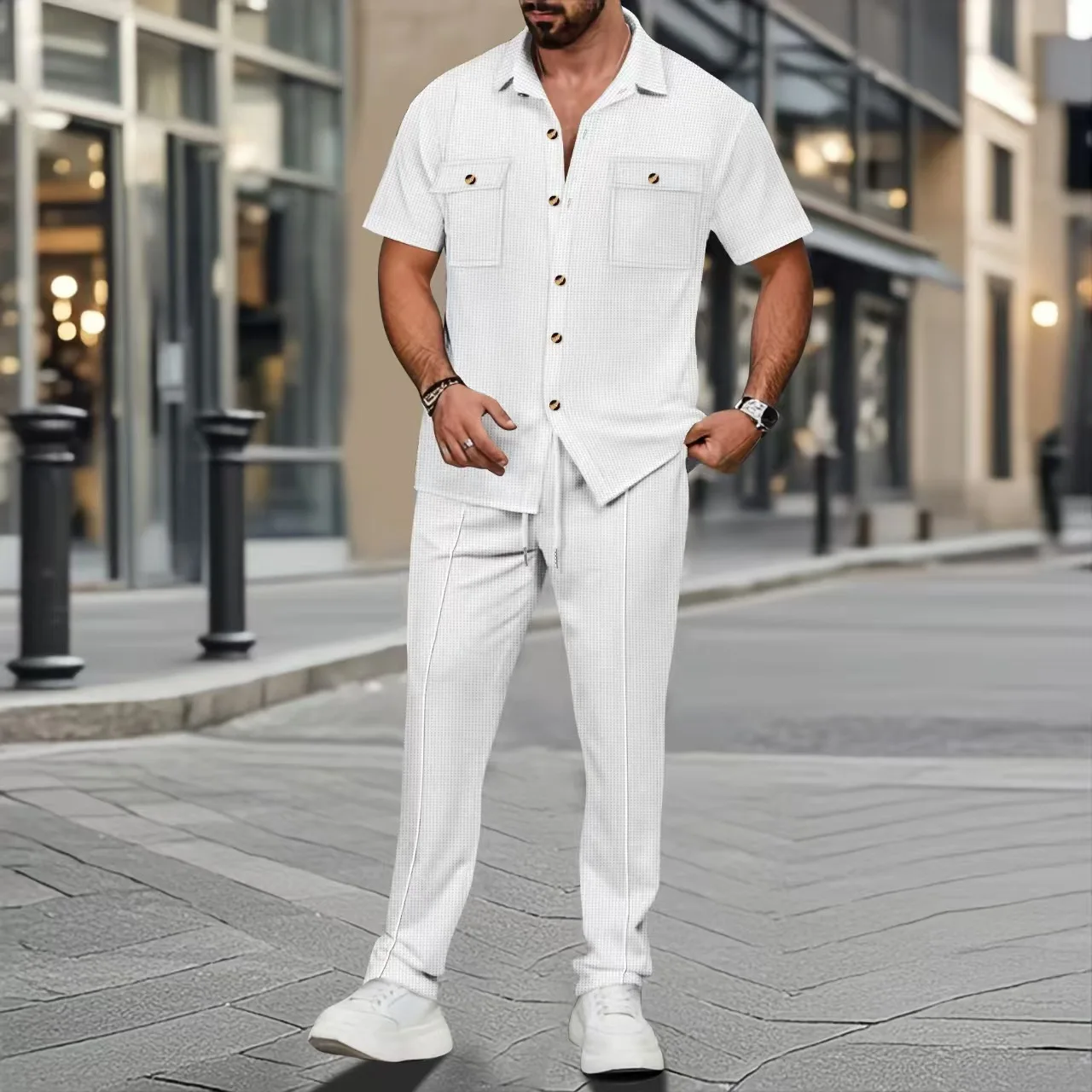2025 Cross border Men's Euro American Independent Free Summer New Solid Color Button Pocket Shirt Short Sleeve Pants Two Piece S