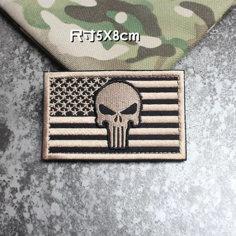 Punish Skull Embroidery Hook&loop Patch USA Flag Skull Morale Badge Multicam Tan Black Cranium Tactical Backpack Cap Attachments