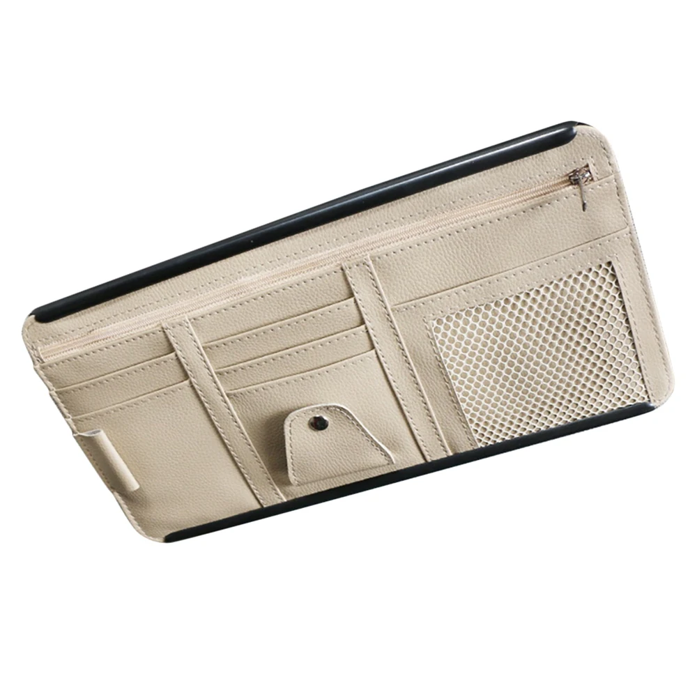 Car Sun Visor Organizer Storage Holder Visor Clip Sunglasses Holder Card Ticket Storage Bag Pouch Car Organizer Beige