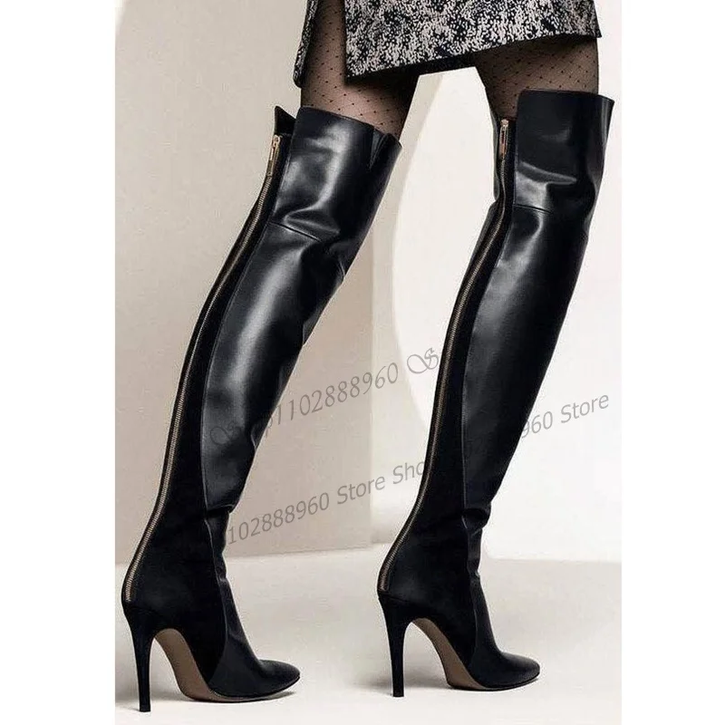 

Matte Leather Flock Patchwork Boots Over The Knee Thin High Heel Women Shoes Back Zipper Round Toe 2023 Sexy Zapatos Para Mujere