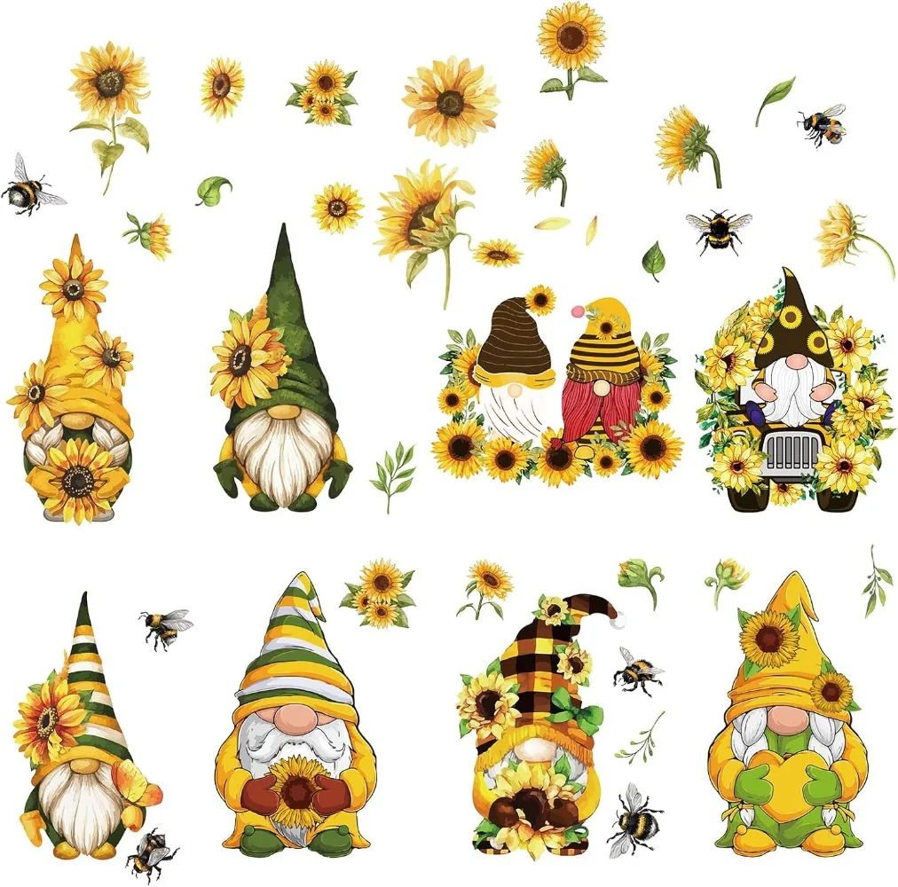 8 Sheets 8 Styles Sunflower Window Stickers Spring Theme Gnome Stickers Window Clings Wall Decor Decals for Fridge Bedroom