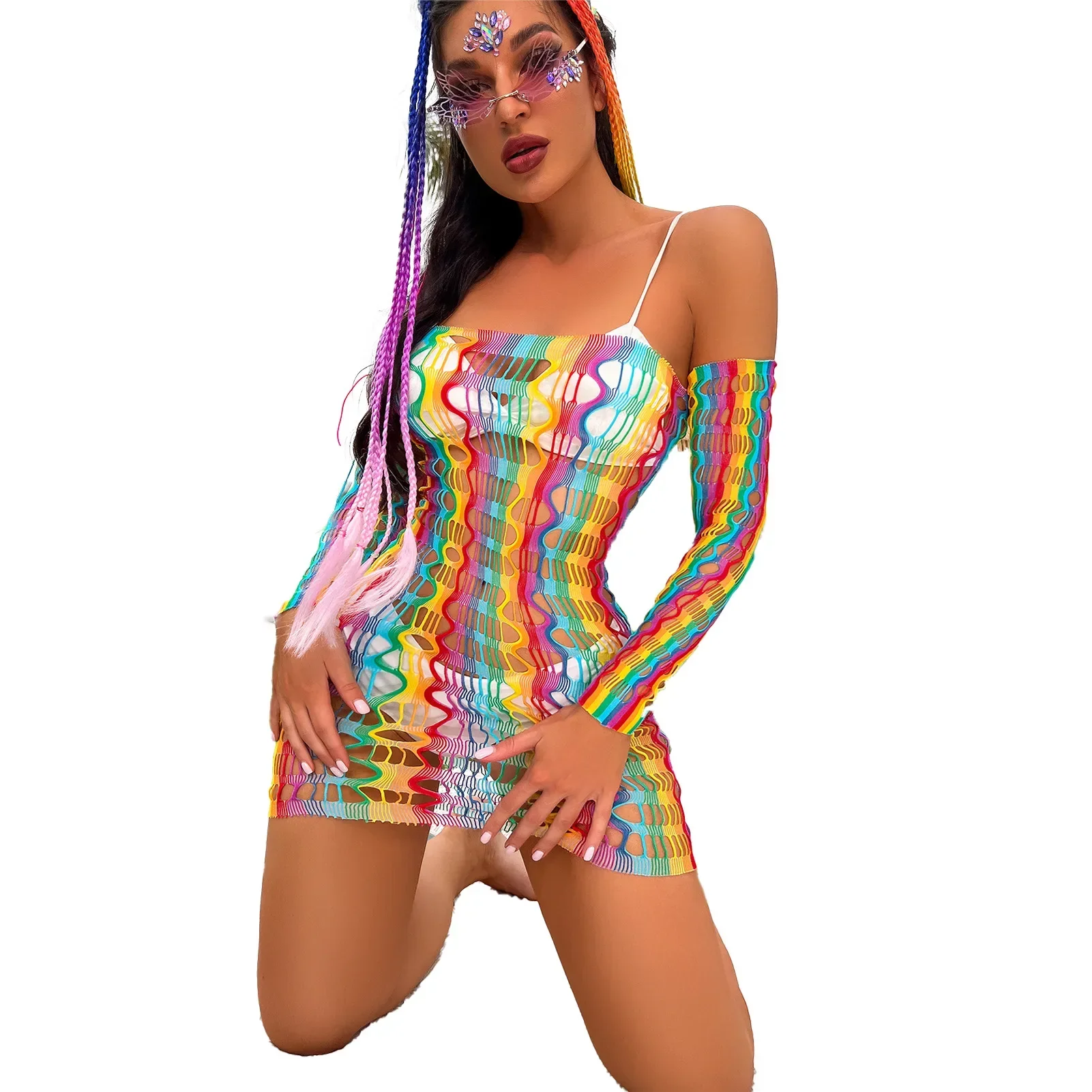 Lingerie Seksi Pelangi Stoking Jala Ukuran Besar Bodysuit Wanita Gaun Lingerie Erotis Pakaian Dalam Boneka Bayi Porno Kostum Teddy untuk Seks