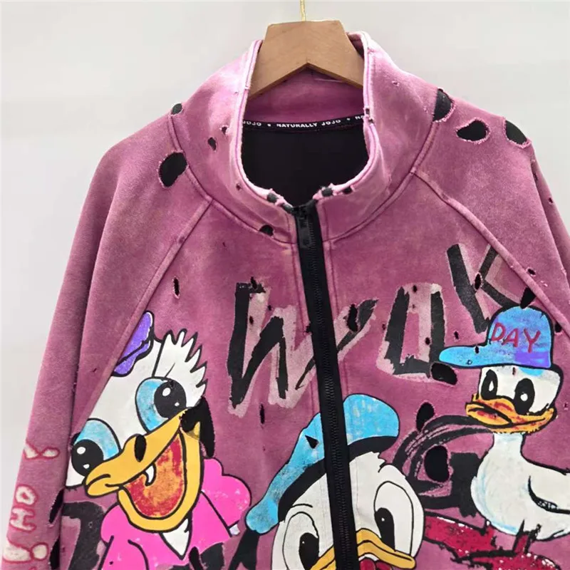 유럽 2025 가을 에디션 루즈핏 중대형 컬러 패치워크 만화 패턴 야구 재킷