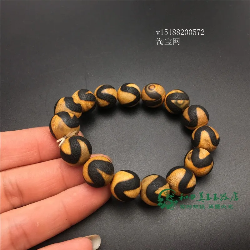 Tibetan Agate Chalcedony Tiger Tooth Bracelet round Beads Rosary Yellow Tooth Single Ring