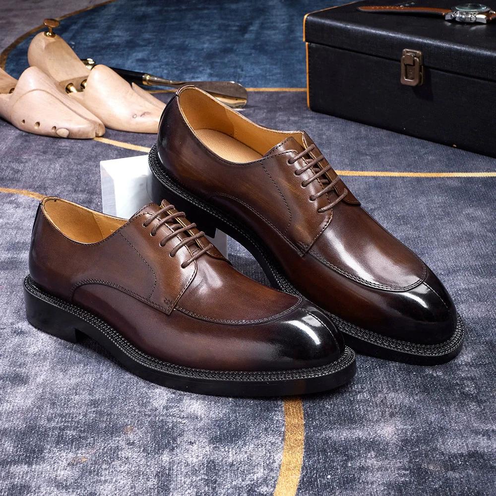 

Luxury Men Genuine Leather Lace Up Oxfords Business Dress Shoes Round Toe Black Solid Color Classic Casual Leather Shoes
