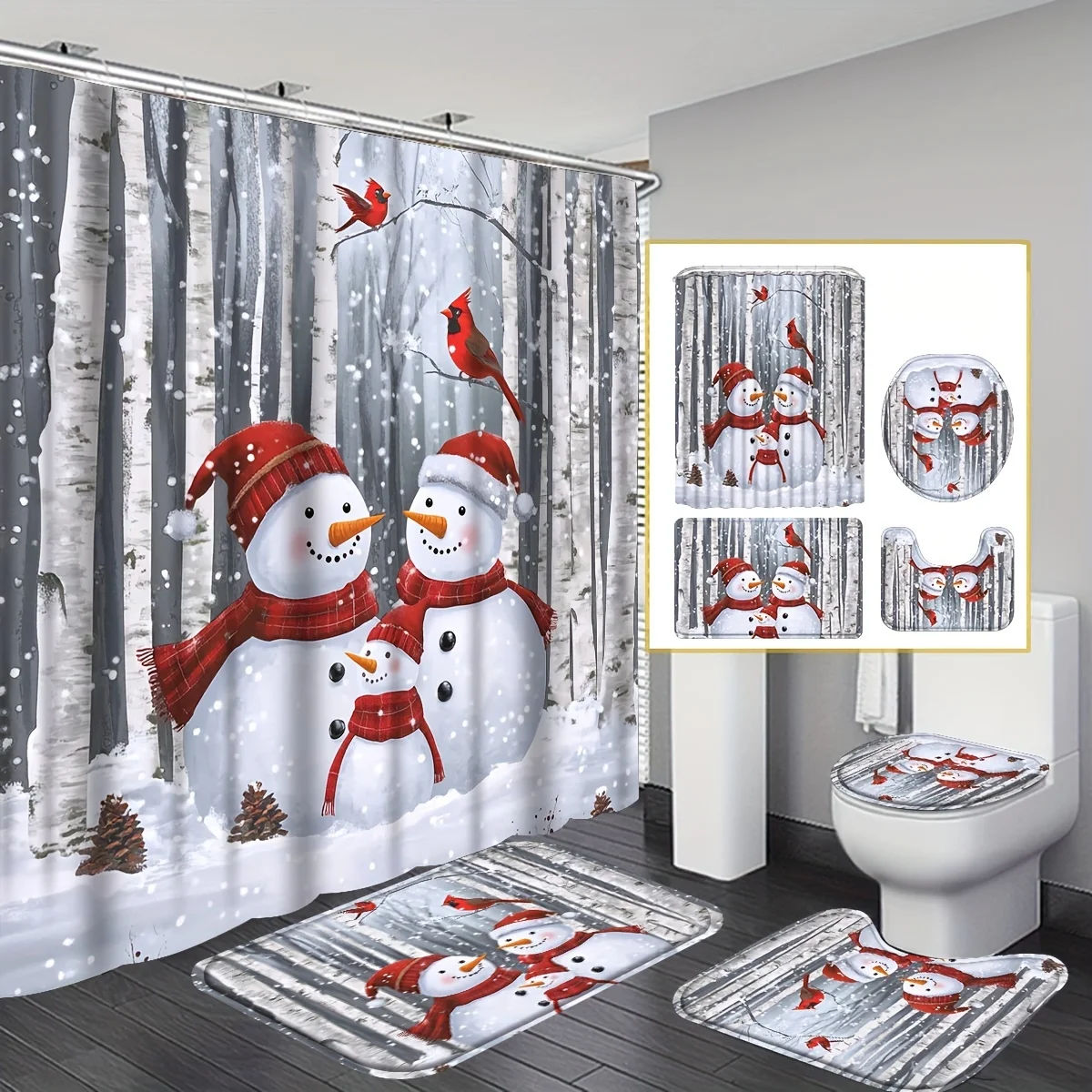 4Pcs Christmas Tree Shower Curtain Set, Red Green Golden Decor with 12 Hooks, Non-slip Mat & Toilet Lid Pad Set, Xmas Gift