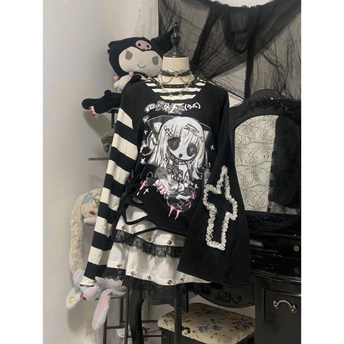 

Японский сказочный панк-стиль, новый Mujer Camisetas, искусственный комплект из двух предметов, полосатый крупель, милые топы, свободная футболка с принтом Harajuku Moda