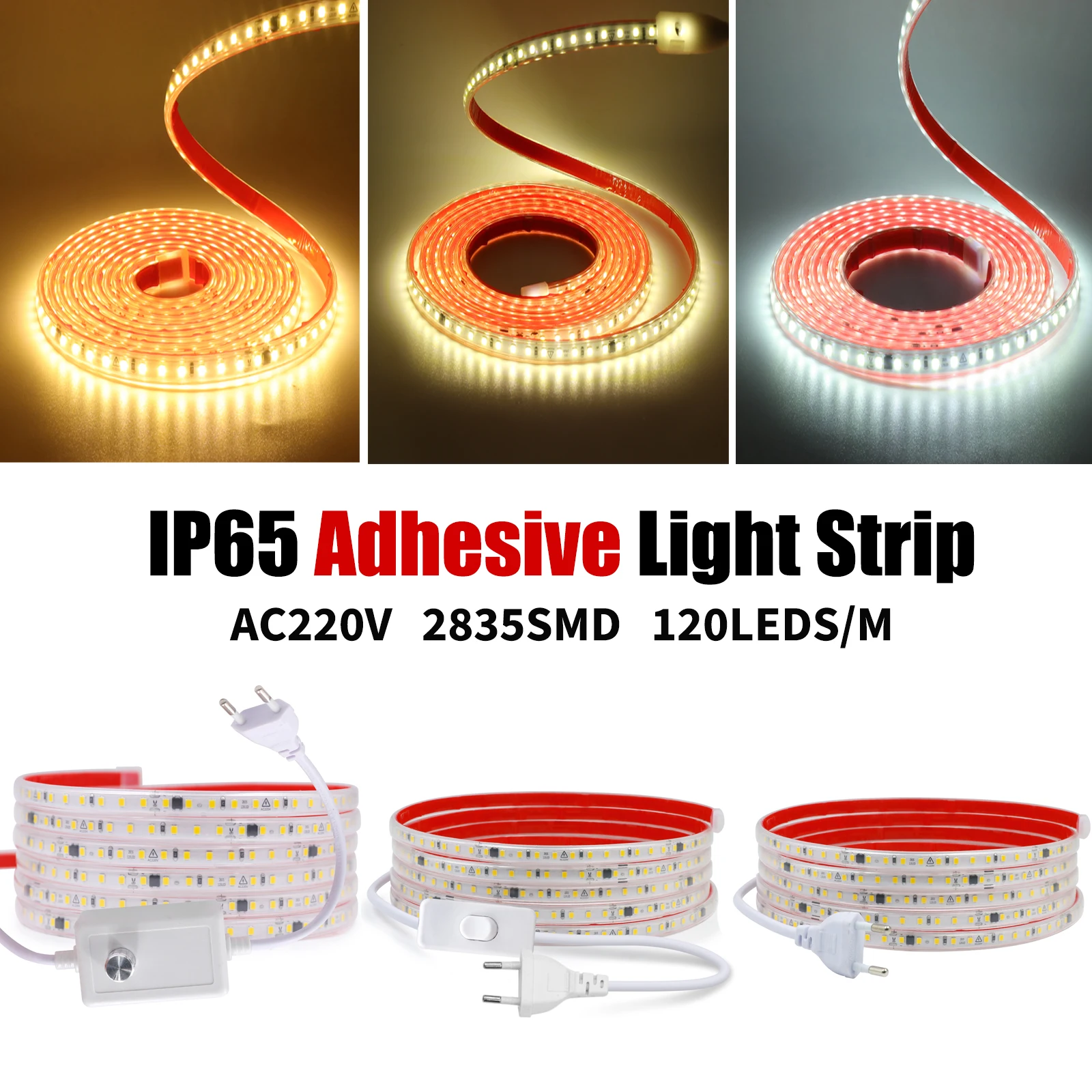 Dimmable 220V LED Strip Light 2835 Waterproof for Room High Brightness 120LEDs/m LED  Ribbon Adhesive Flexible Tape for Garden