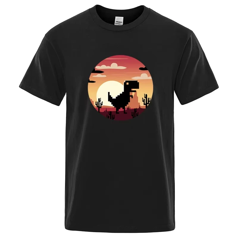 Pixel Dinosaur Sunset Desert Graphic T‑Shirt Retro 8‑Bit Game Style Print Men Women Short Sleeve Casual Vintage Streetwear Tee