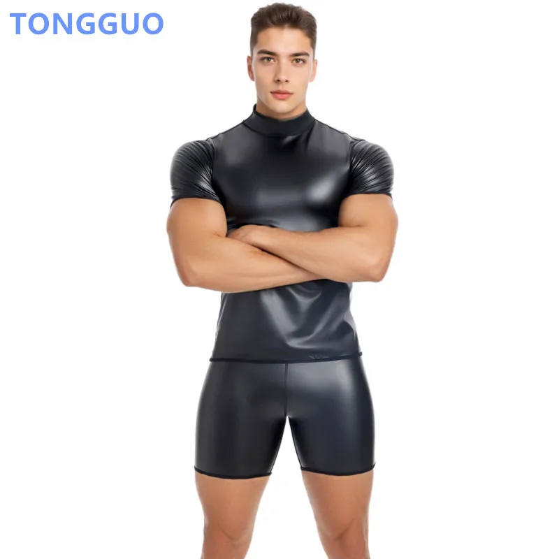 Cool Boy Short Sleeve Leather T-Shirt Slimming Underwear Body Shapers Waist Trainer Corset Tummy Belly Shapewear Leather Shirts