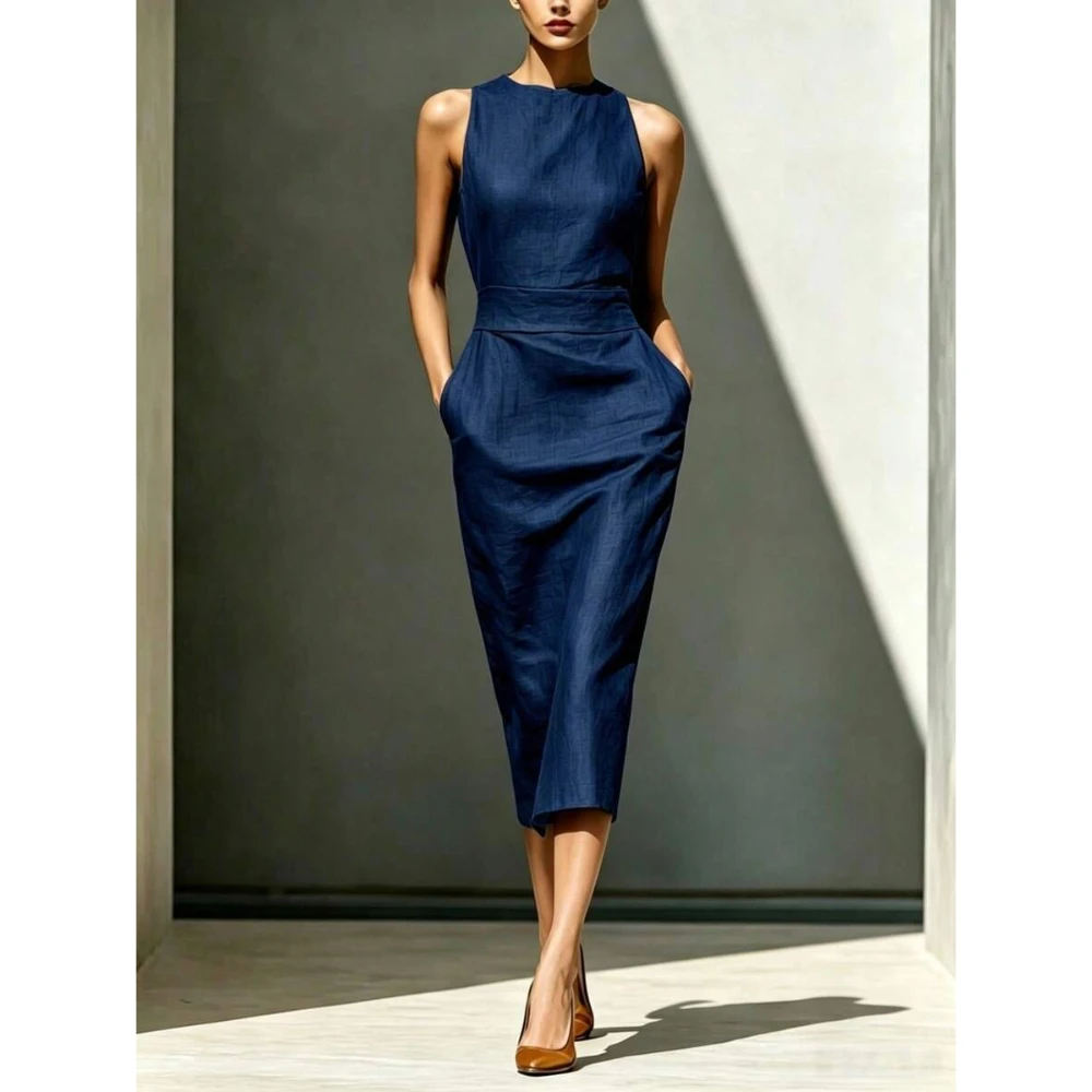 2026 Summer New Sleeveless Round Neck High Waist Pocket Midi Dress Women Elegant Slim Fit Solid Color Office Casual Straight Dre