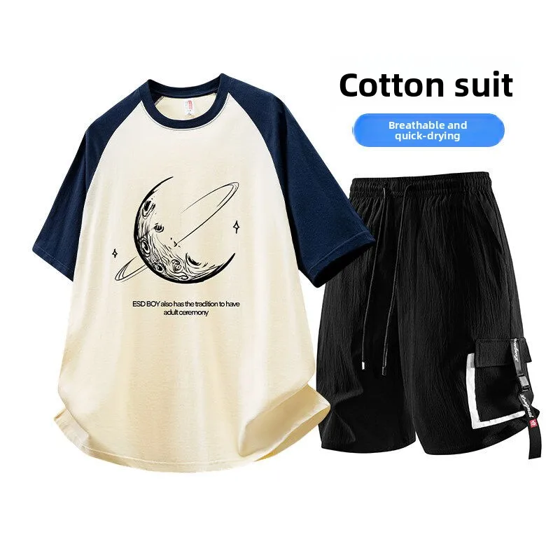 

New Summer Men's Sportswear Set Pure Cotton Short Sleeve T-shirt And Five-Part Casual Shorts Trendy And Handsome Two-Piece Set
