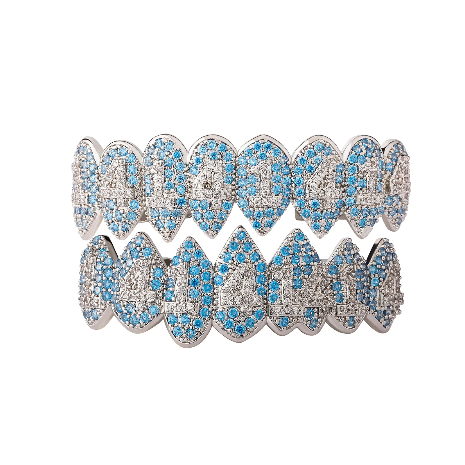Iced Out Blue White CZ Vampire Teeth Grillz Copper Inlaid Zircon Hip Hop Teeth Decoration Party Rave Jewelry Gift