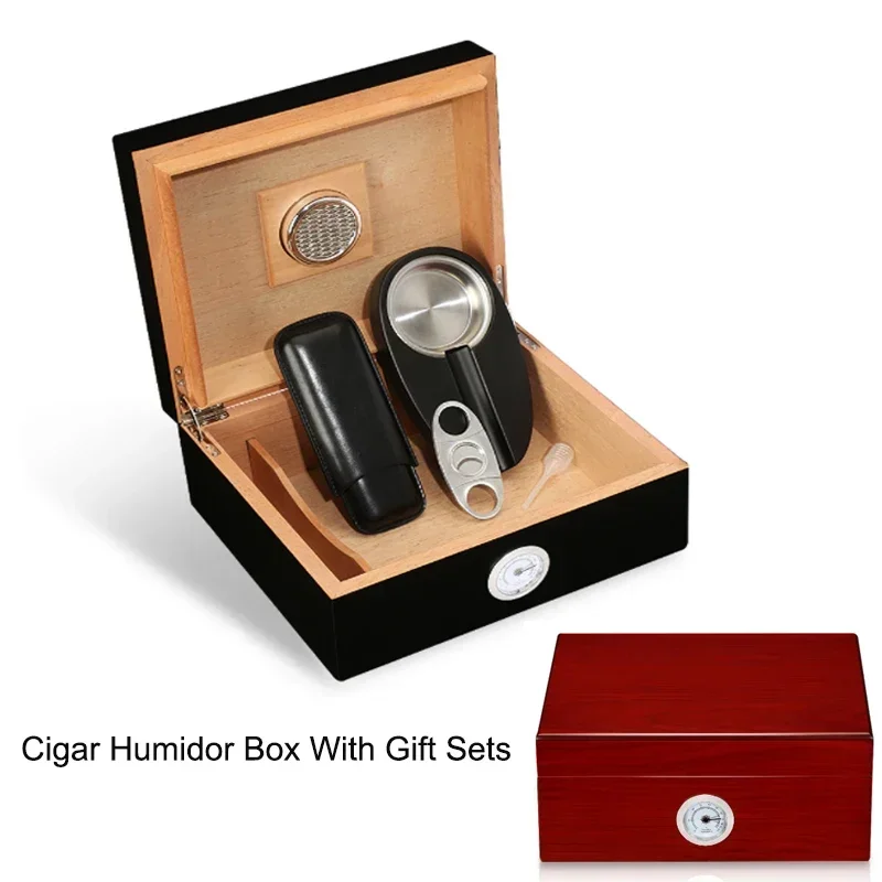 

Cigar Humidor Box Cedar Wood Cigar Case with Humidifier and Hygrometer Ashtray Four-piece Suit Family Storage Smoke Case