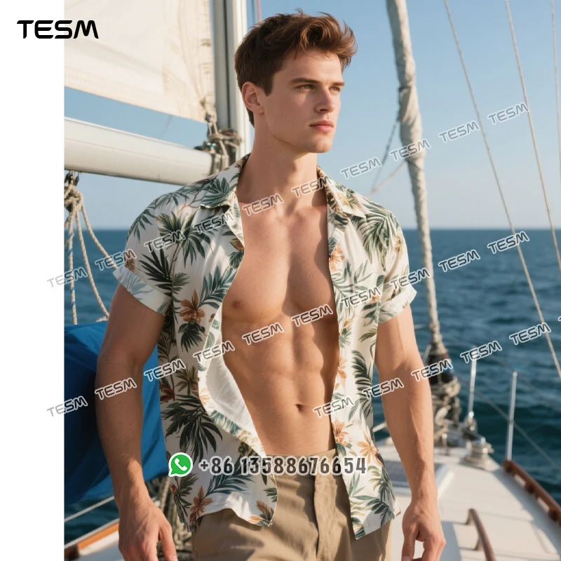 

TESM Men Shield Shirt Spanish Fans Chiffon Short Sleeve Casual Fashion Cardigan Button Coat Parent-Child Holiday Top