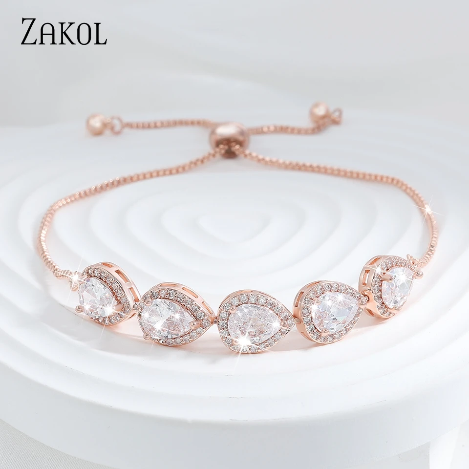 ZAKOL White Water Drop Adjustable Bracelets for Women Shinny Cubic Zirconia Bracelet Bangles Fashion Bridal Wedding Jewelry