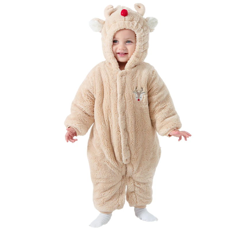 

Autumn Winter Newborn Baby Fleece Fluffy Jumpsuit Infant Toddler Lovely Boy Girl Warm Hooded Elk Christmas One Pieces Romper