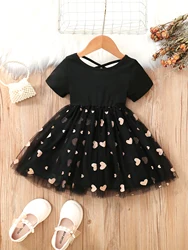 Summer New Product For Primary And Secondary School Children, Sweet And Cute Girls, Spliced Love Mesh Short Sleeved Dress