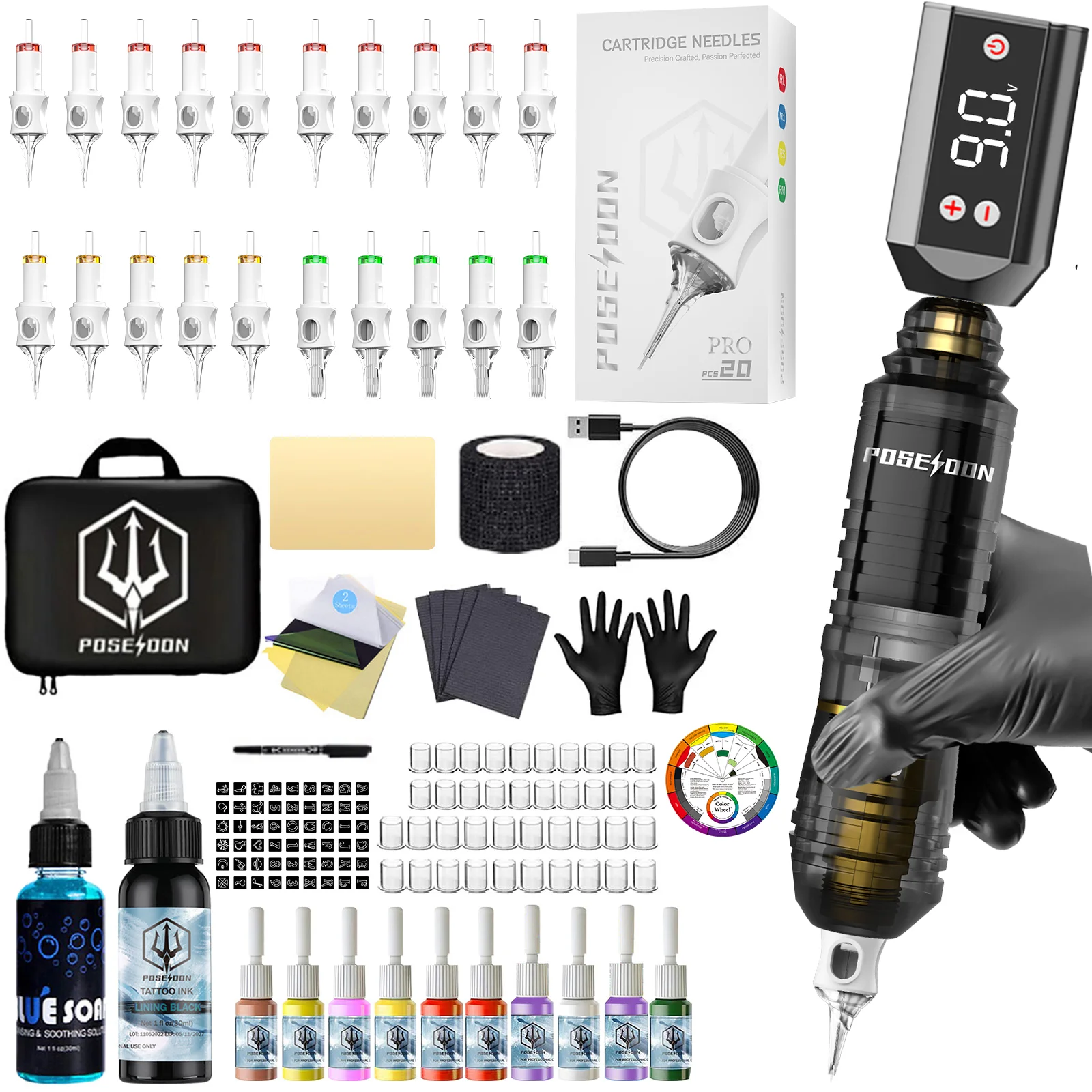POSEIDON Tattoo Kit V6 Tattoo Pen Kit For Permanent Makeup Tattoo Machine Kit HM142 Black Tattoo Power Supply Tattoo Kit