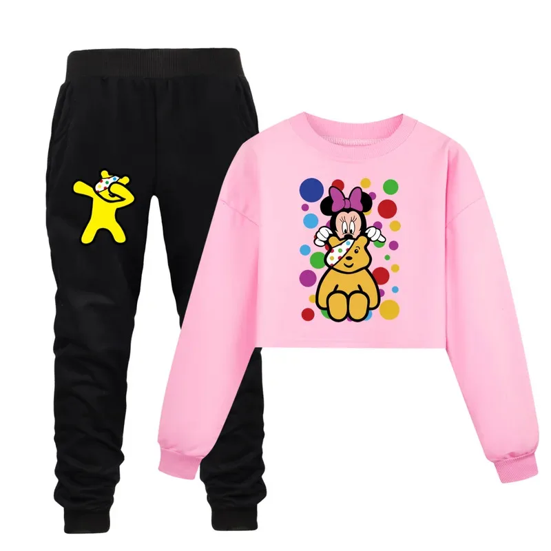 111 www جديد P-Pudsey Bear الكرتون الطباعة الاطفال زي طفل الفتيات موضة نصف الخصر البلوز + السراويل مجموعات الأطفال طويلة الأكمام