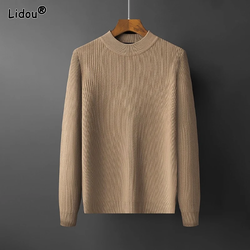 

2023 Men's Autumn and Winter Pullover with a Half High Collar New Sweater Knitted Loose Fitting Solid Color Long Sleeved Tops