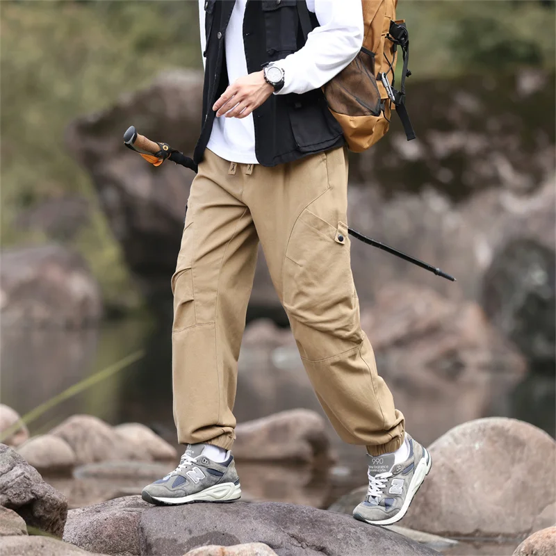 2024 autumn loose cargo pants men's outdoor sports fashion Japanese style trendy multi-pocket outdoor casual ankle banded pants