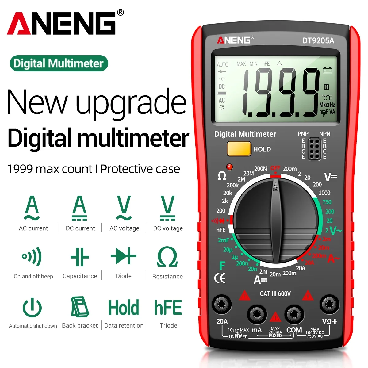 Multímetro Digital Profissional ANENG DT9205A-3 RMS AC/DC para Teste de Corrente, hFE, Ohm, Capacitância e Tensão - Testador Elétrico