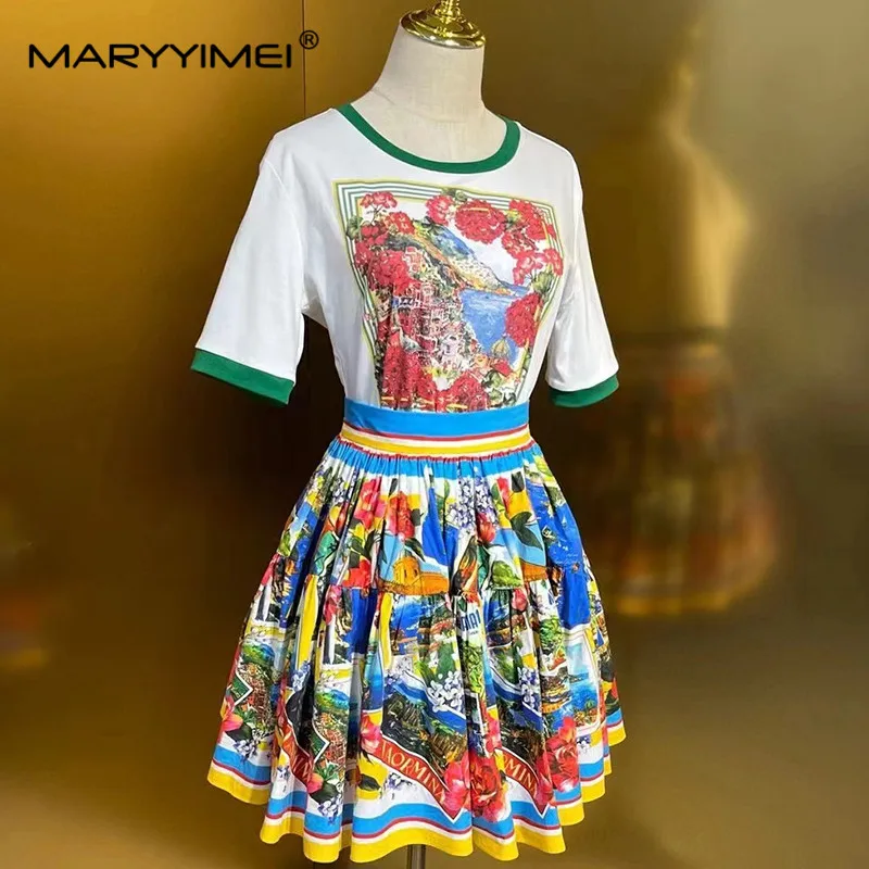 MARYYIMEI Fashion Design Women's Suit Summer Short-Sleeved Tops+Pleated Skirt Casual Holiday Print Cotton Two piece set