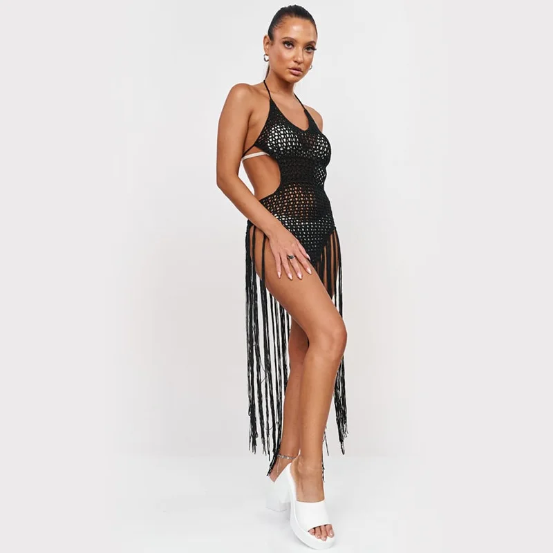 Sexy gancho de mano una pieza falda con borlas espalda abierta playa Bikini cubrir ropa de protección solar