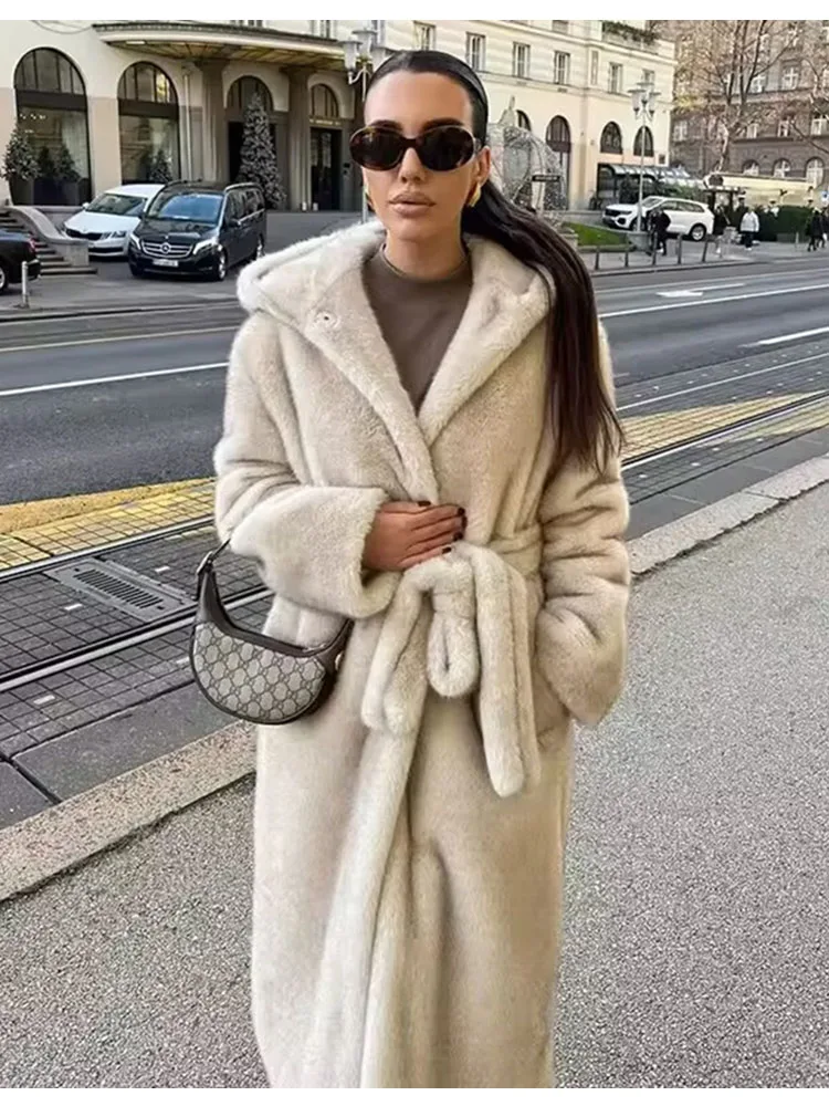 

ZADORIN Luxury Long Mink Coat Woman Fashion Hooded Belted Fluffy Faux Fur Jacket Woman Clothes Ladies Winter Coats and Jackets