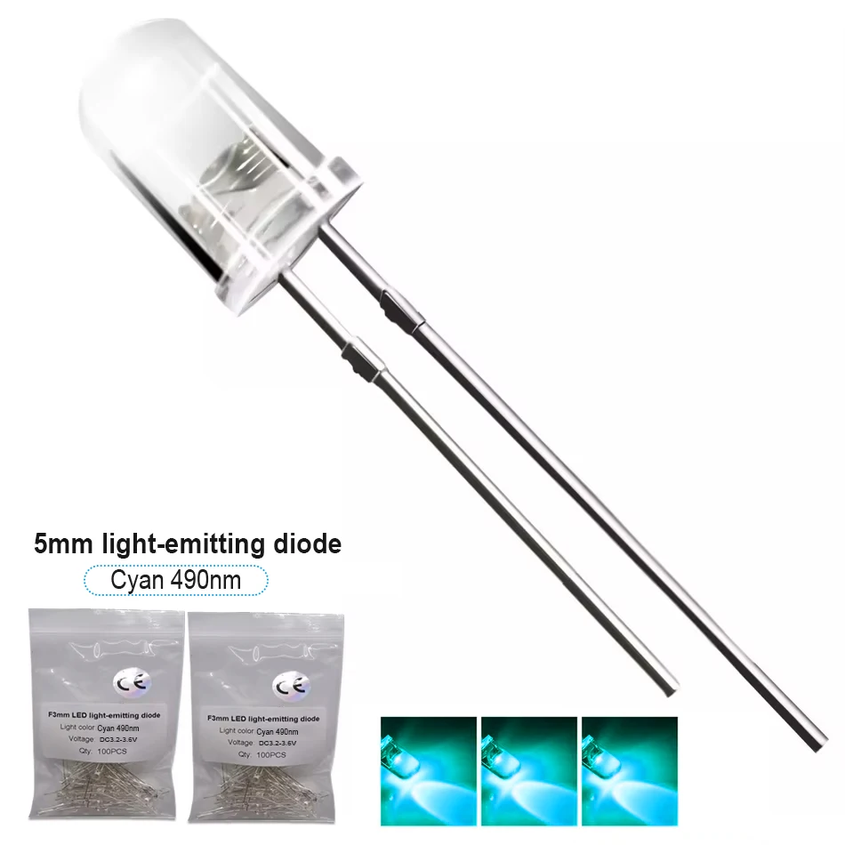 

10-100pcs 5mm Cyan 490nm LED light-emitting diode High Luminous DC3.2-3.4V 20mA for Traffic Lights