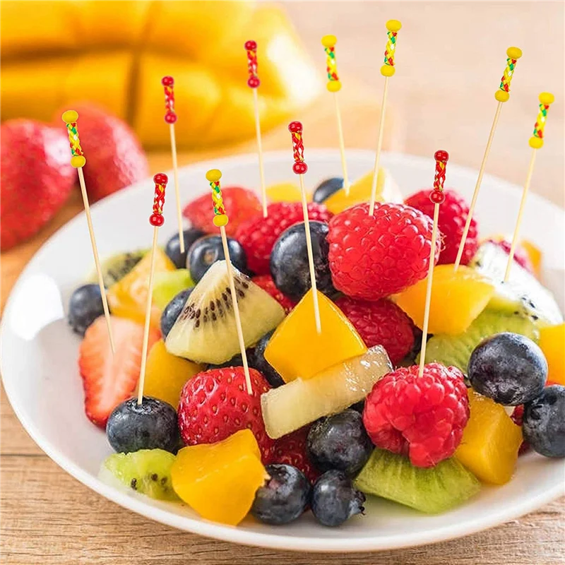 A19F-400Pcs أعواد فاكهة الخيزران، أعواد أسنان خشبية للحفلات Tapas Nibbles ساندويتش Canapes المقبلات سيخ الفاكهة والشواء