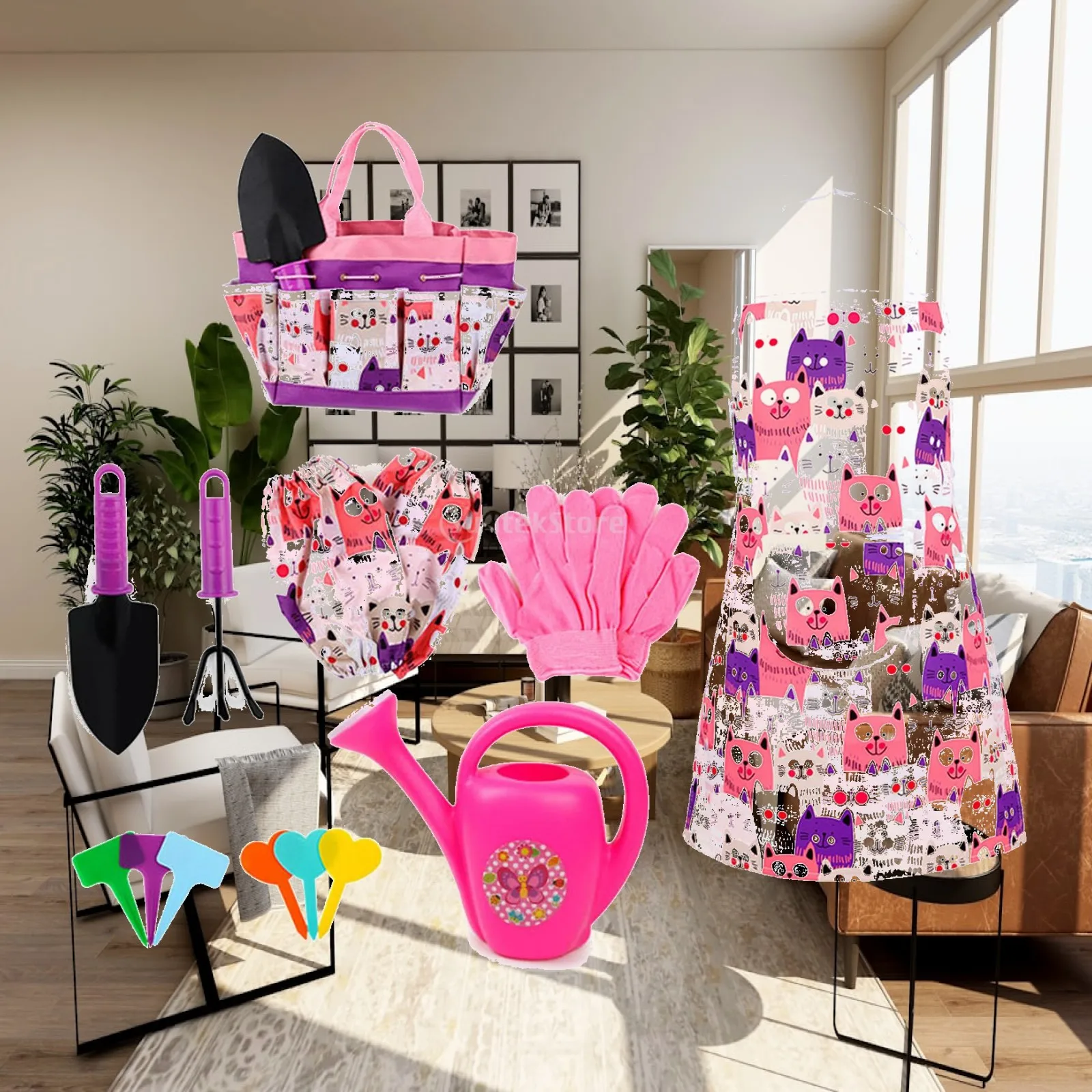 Mini Gardening Kit for Kids with Shovel Rake Watering Can Gloves Apron and Tote Bag Outdoor Toy Set