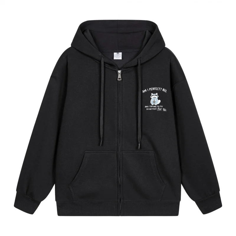 

Men's Zip-Up Hoodie Black Hoodie With White Print 2025 New Style Casual Couples’ Style Casual and Loose