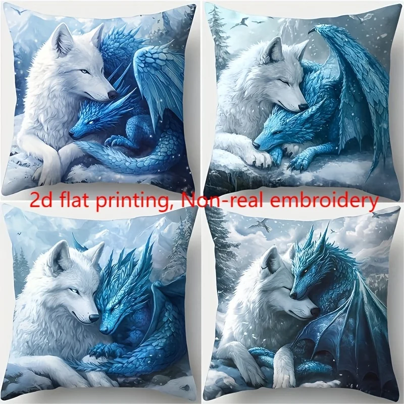 

4 наволочки с изображением белого волка и синего ледяного дракона. Удобные и стильные, они украсят ваш домашний диван.