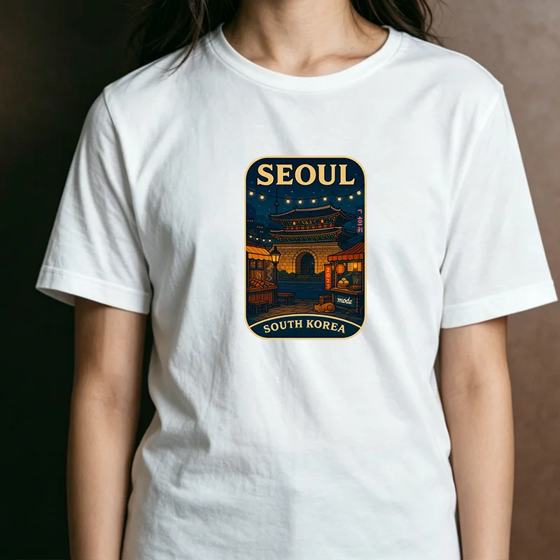 Unisex Vintage Badge Seoul Night Gate Market Retro Graphic T Shirt Korean Night City Daily Streetwear Top