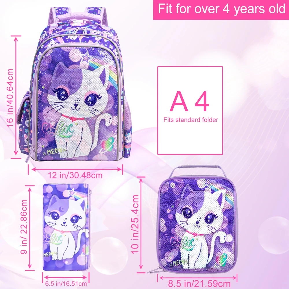 3PCS Cat Backpack for Girls, 16”Kids Sequin Bookbag with Lunch Box, Water Resistant School Bag for Elementary Preschool Toddler