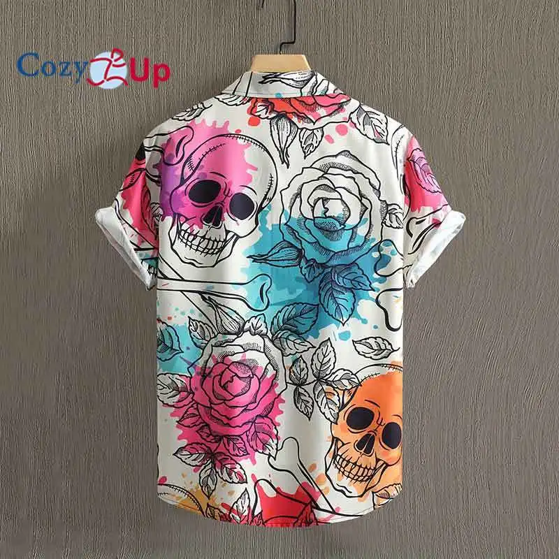 Skeleton And Rose Pattern Casual Short Sleeve Shirt, Men's Hawaiian Shirt For Summer Vacation Resort