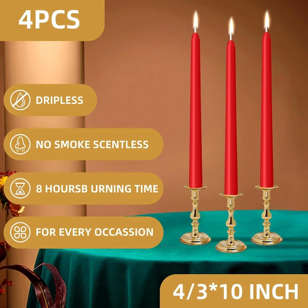 Velas cônicas vermelhas de 4 pacotes – Velas cônicas de 10 polegadas, sem gotejamento, sem fumaça e sem perfume, 8 horas de duração, vela alta com proteção manual