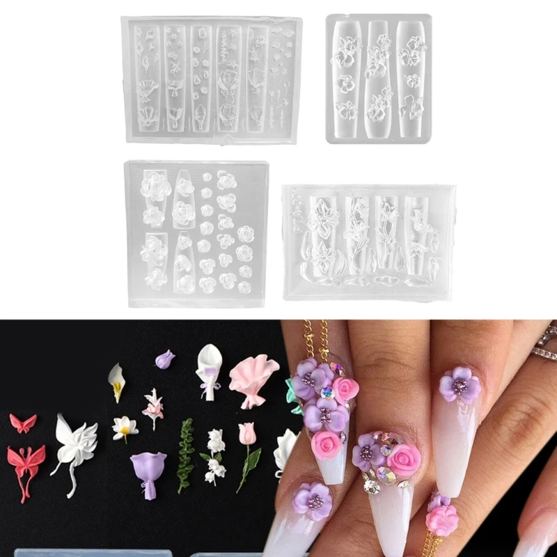 

H7EB Flexible Silicone Mould for Nails Art Featuring Butterfly and Flower Designs Accessory for Practical Embossed Patterns