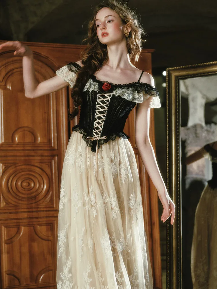 78-101cm Bust Summer French Royal Elegance Black Corset Dress Heavy Embroidered Lace Boned Slip Dress with Faux Two-Piece Look