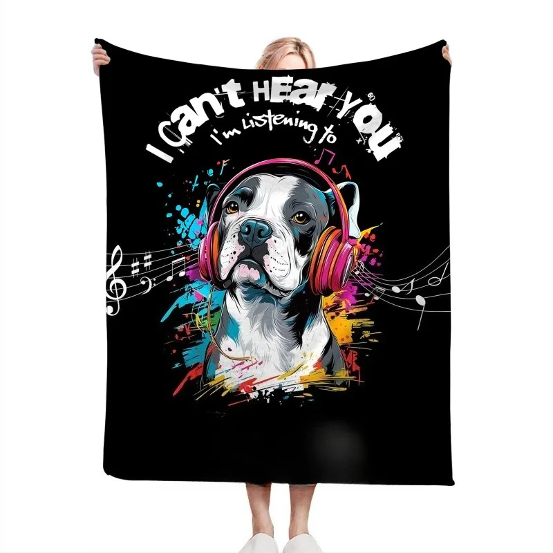 Hip Hop Dog Fleece Blanket Pitbull Wearing Headphones Graffiti Animal Bedding Throw Super Soft Cozy Flannel Sofa Blanket Luxury