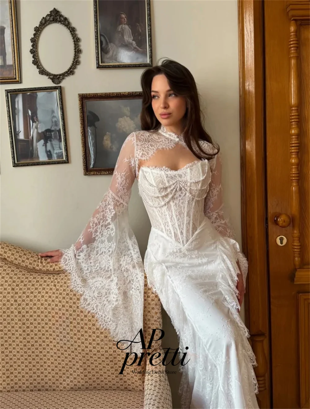 AP pretti Vintage High Neck Beading Lace Wedding Dresses For Woman Bell Long Sleeve Ruffle Mermaid Bridal Gown Customized