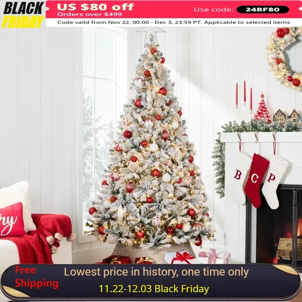 Artificial Christmas Tree, 7.5ft Snow Flocked Design Pine Tree, Full Appearance Snowy W/Easy Assembly, Metal Stand