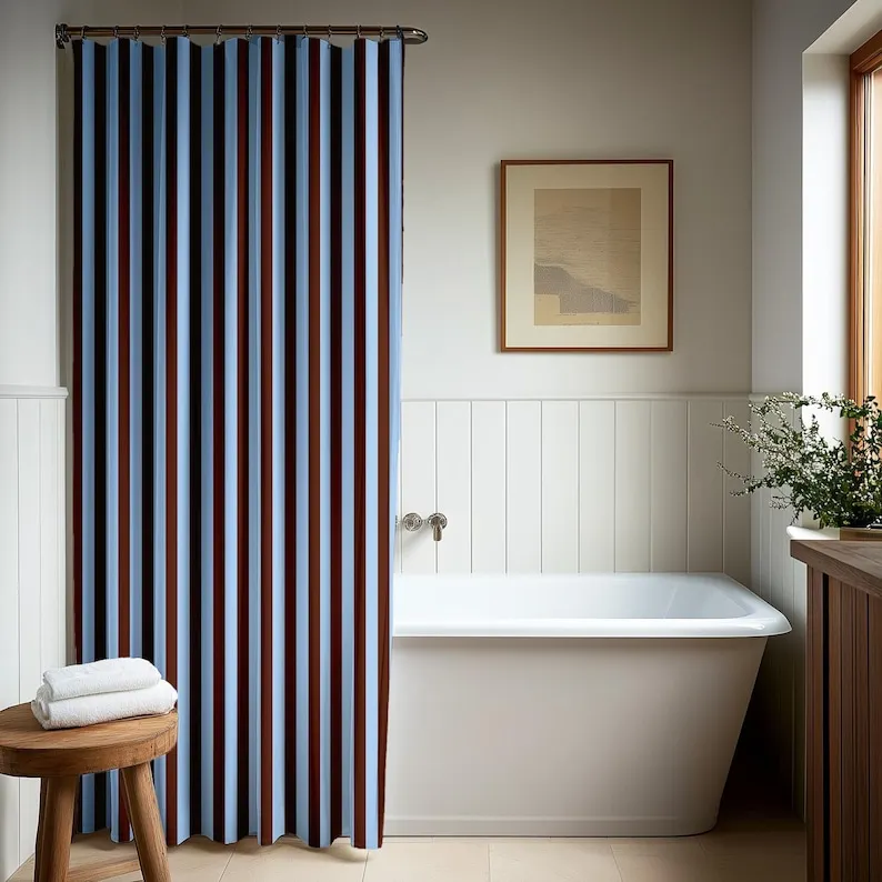 Bold Colorful Blue Red Stripe Shower Curtain - Vibrant Bathroom Decor with Striped Pattern