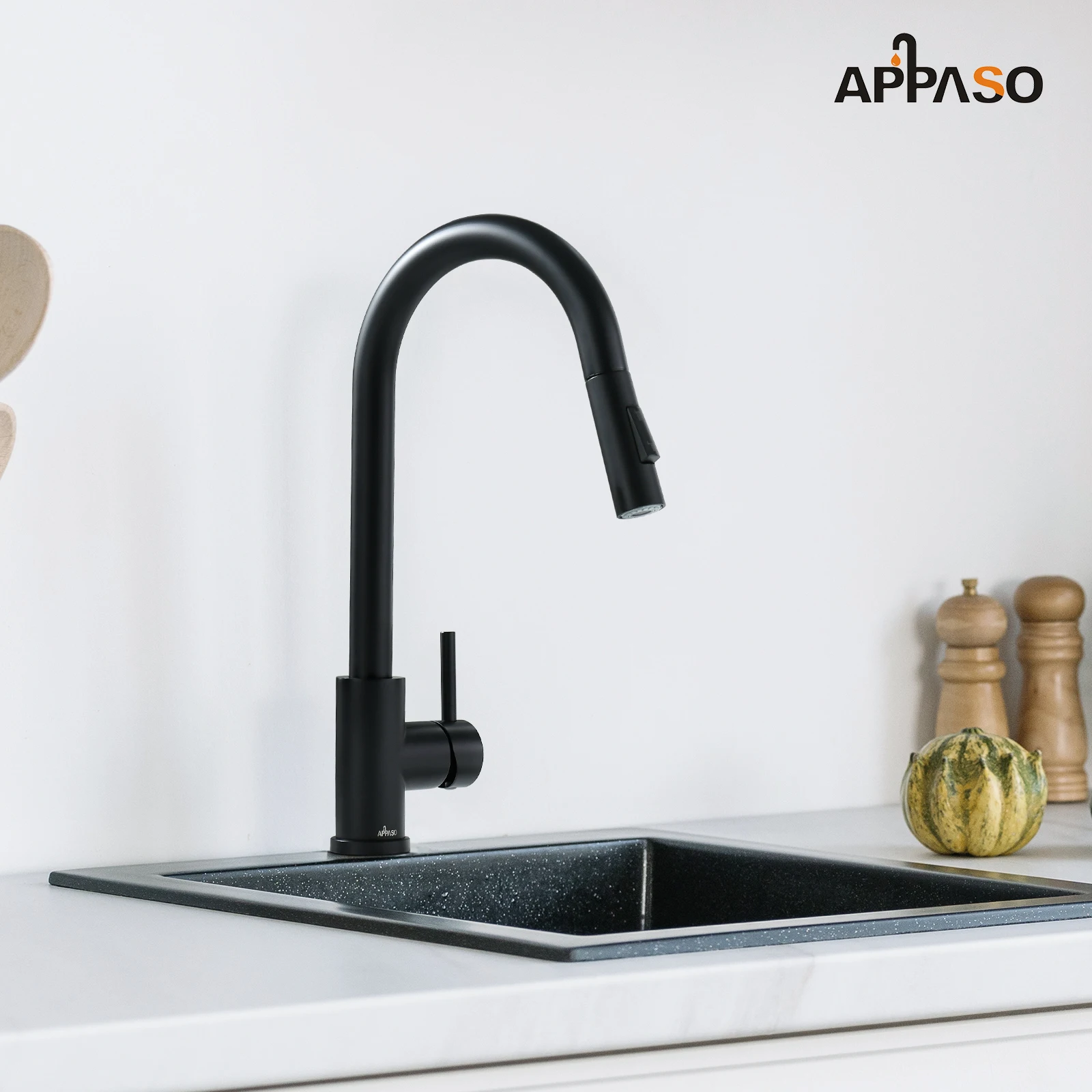 

APPASO Black Kitchen Faucet Modern with Pull Down Sprayer Matte BlackSingle-Handle High Arc Sink with Deck Plate