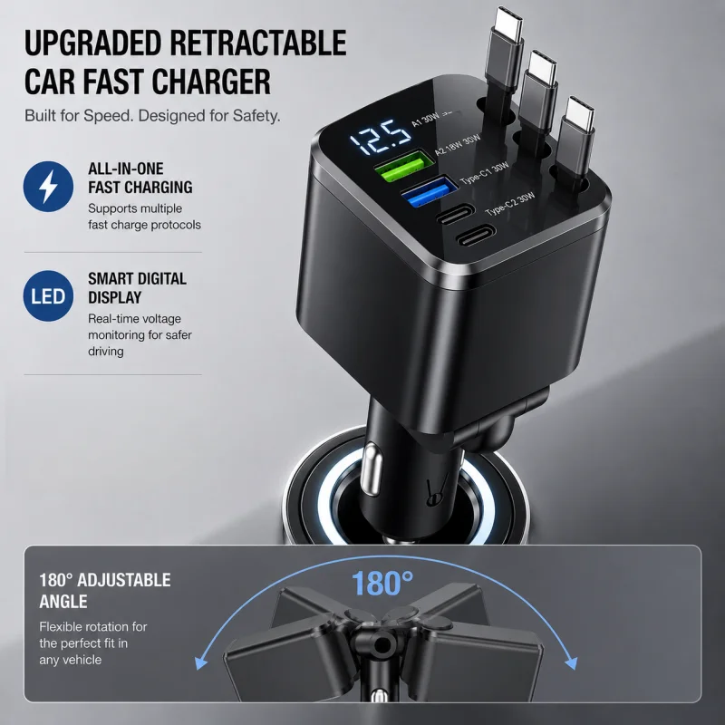 7-in-1 Car Charger with Retractable Cable and Multiple Fast-Charging Ports; LED Display for Real-Time Voltage Monitoring; Simultaneous Charging for Multiple Devices (Phones and Tablets); Say Goodbye to Cluttered Cables in Your Car