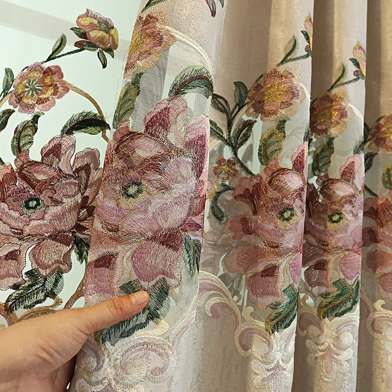 

Peony Flower European Embroider Curtain Tulle for Living Room Bedroom Dining Room Blackout Luxury Villa Custom Retro Highquality
